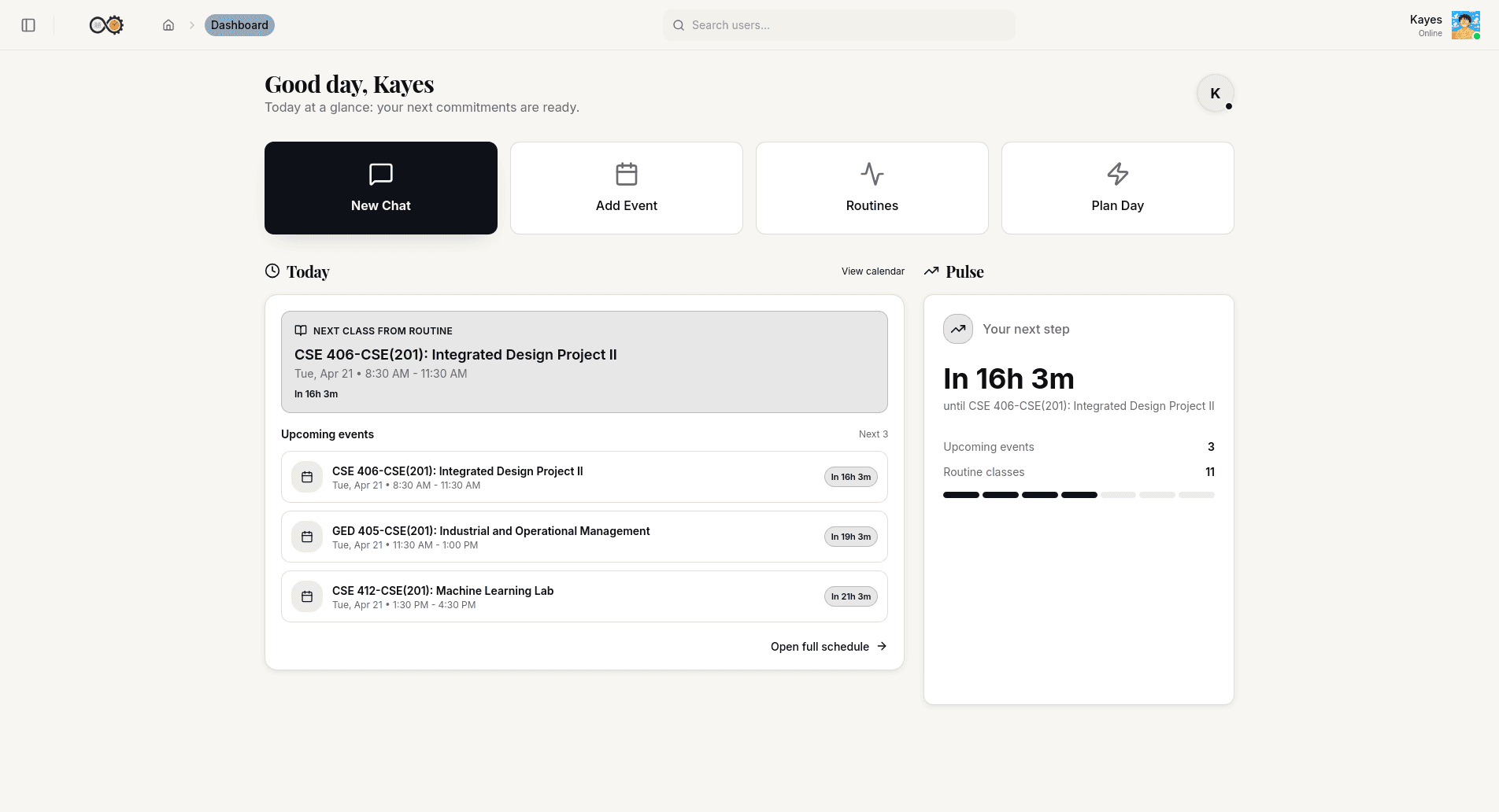 LearnSync dashboard with today's classes and routines